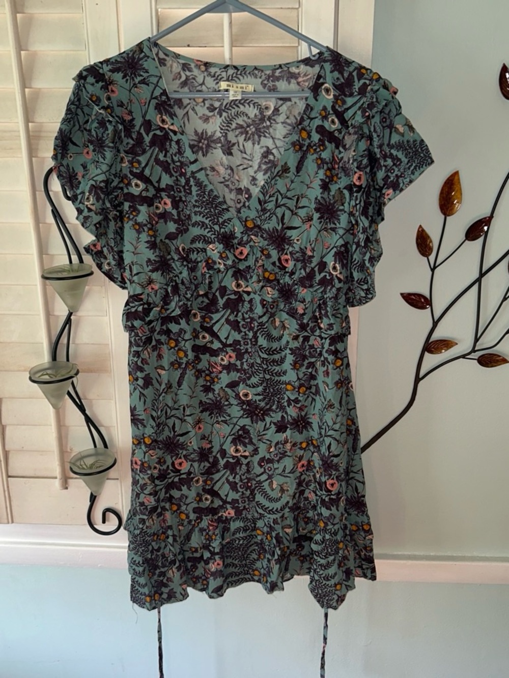 miami Floral V-Neck Mini Dress in Teal with Pink & Yellow Accents
